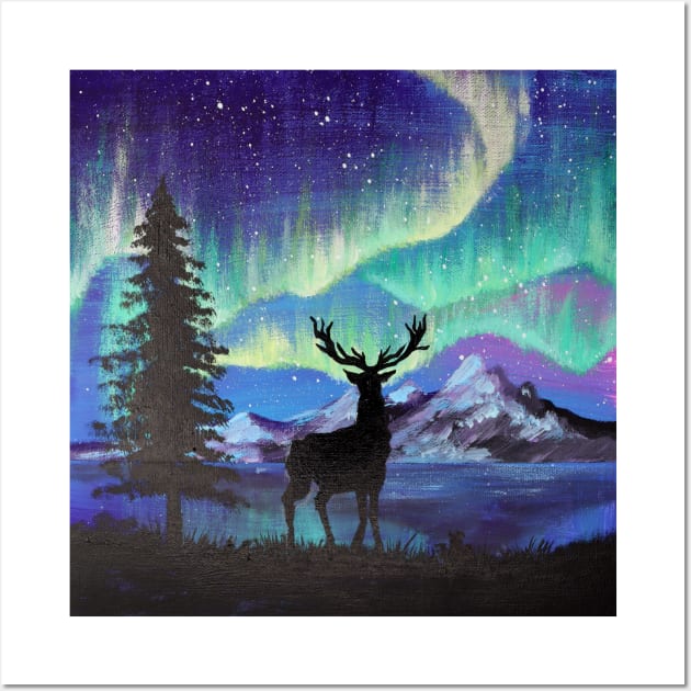Snowy Mountain Pine Tree Starry Night Sky Deer Silhouette Northern Lights Wall Art by Tina